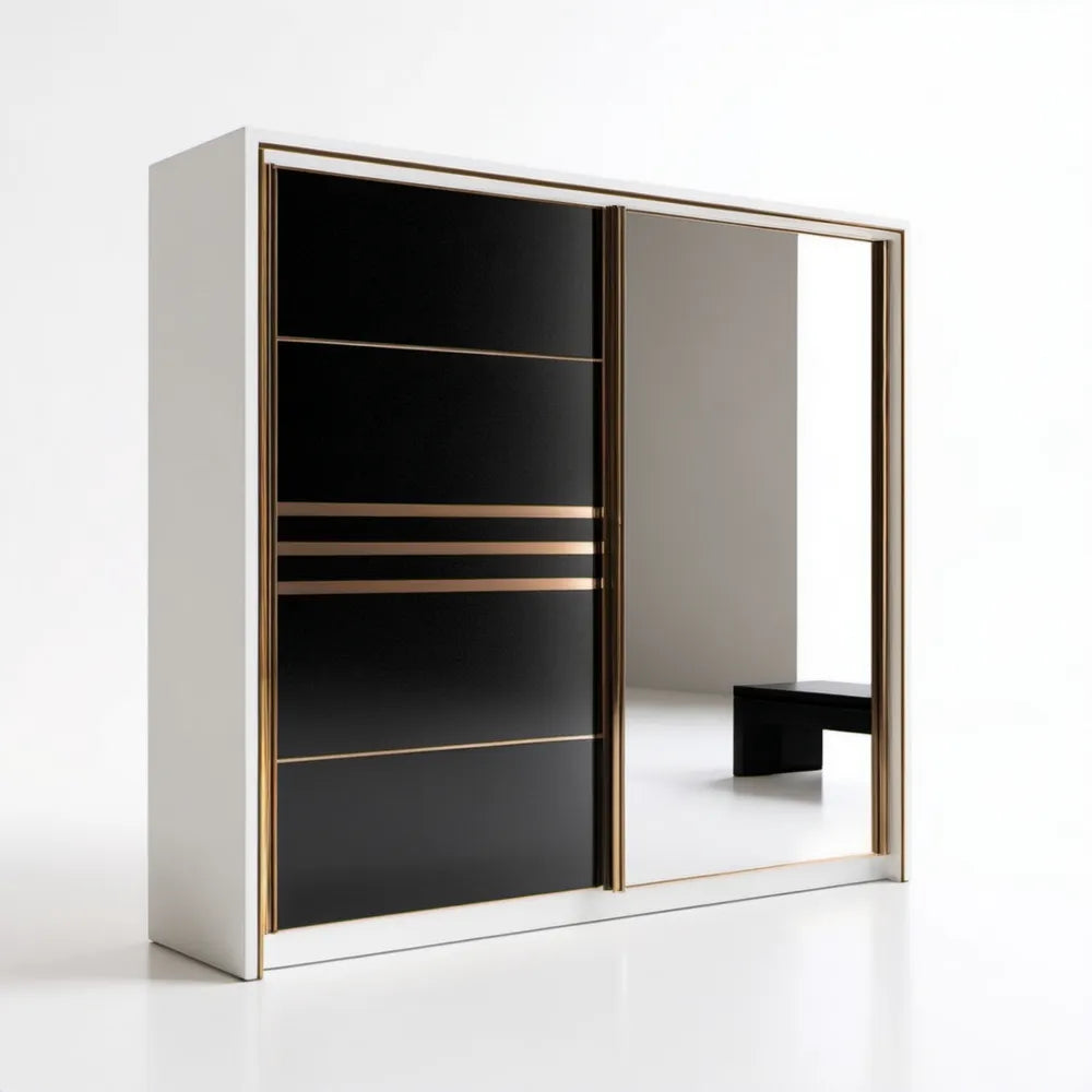 Szafa przesuwna z lustrem 200 x 60 x 200 cm biała/czarna/złota