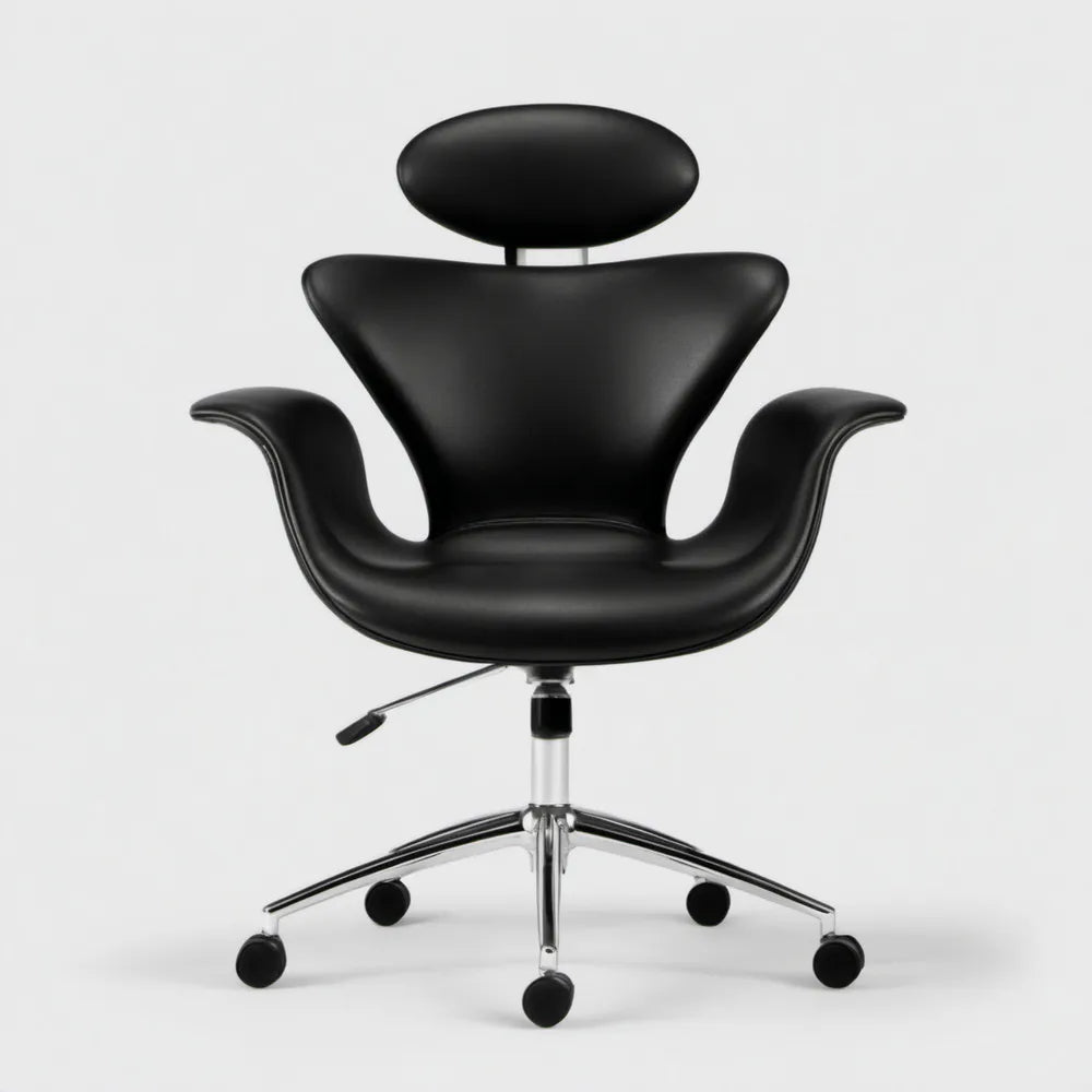 Czarny obrotowy fotel biurowy ze skóry PU z zagłówkiem 65 x 65 x 112–122 cm