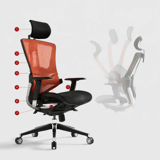 Ergonomiczny fotel biurowy z regulowanym zagłówkiem, pomarańczowo-czarno-srebrny, 65 x 65 x 118–128 cm