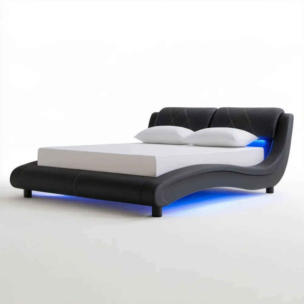Tapicerowane łóżko podwójne LED 160 x 200 cm z czarnej skóry syntetycznej PU