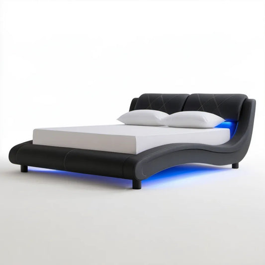 Tapicerowane łóżko podwójne LED 160 x 200 cm z czarnej skóry syntetycznej PU