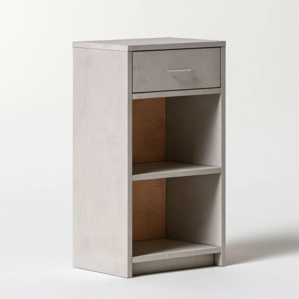Szafka nocna z płyty MDF w dekorze jasnego betonu, 40 × 35 × 75 cm, z szufladą i 2 półkami