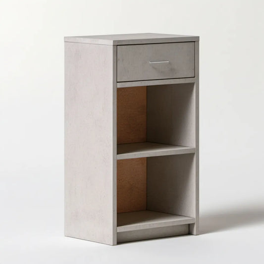 Szafka nocna z płyty MDF w dekorze jasnego betonu, 40 × 35 × 75 cm, z szufladą i 2 półkami